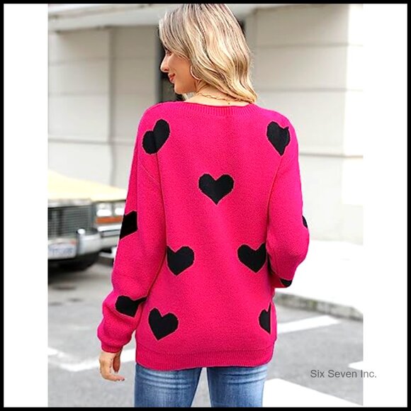 Crew Neck Pullover Sweater Long Sleeve Knitted Casual Y2K Cute Heart Pattern - Picture 3 of 7